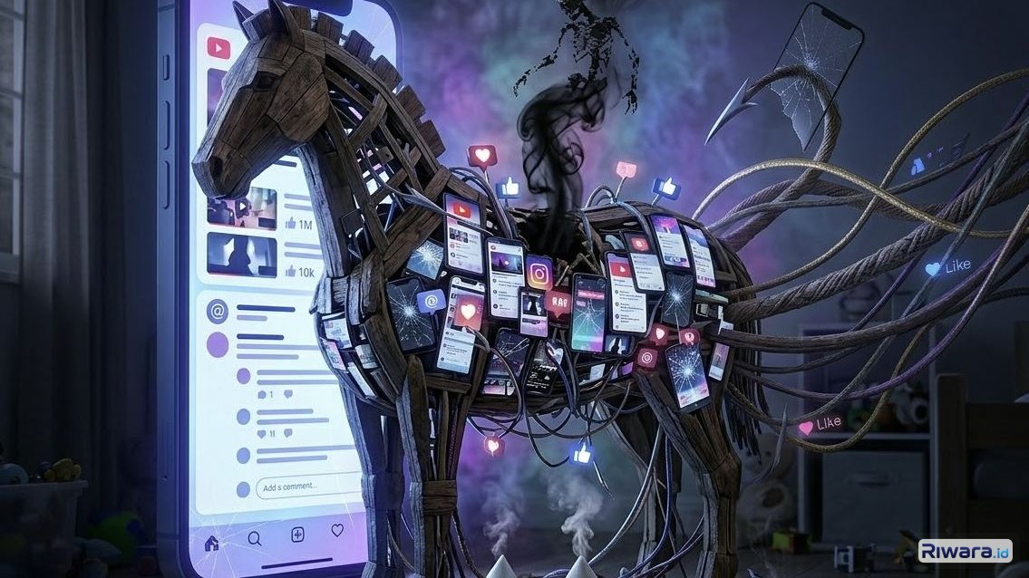 Ilustrasi kuda troya sebagai gambaran ancaman berbahaya yang kita hadirkan ke dalam rumah, dibuat dengan bantuan AI